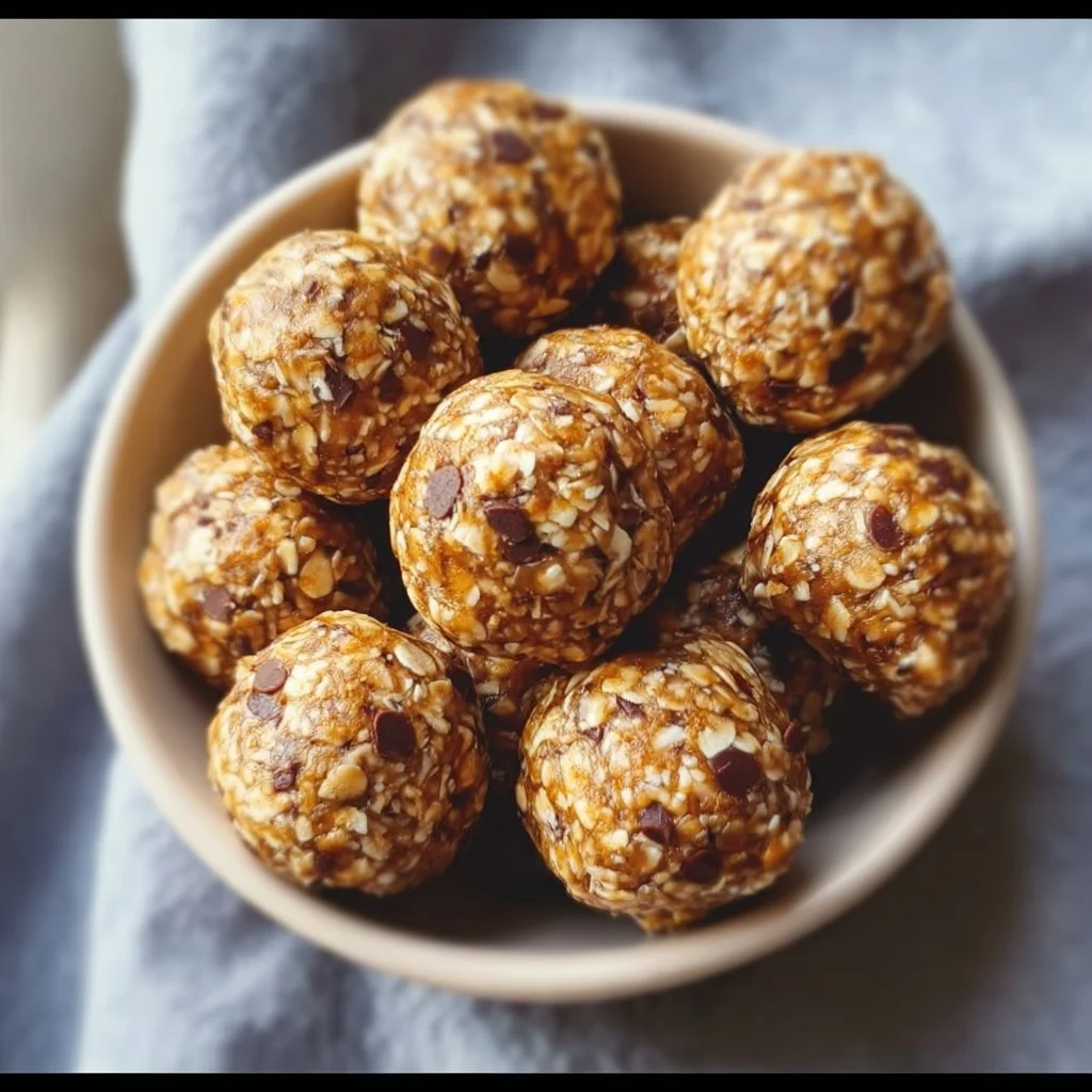No-bake peanut butter energy bites on a wooden plate