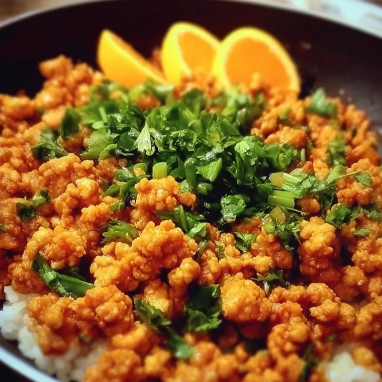 Delicious plate of Orange Ground Chicken with garnishes