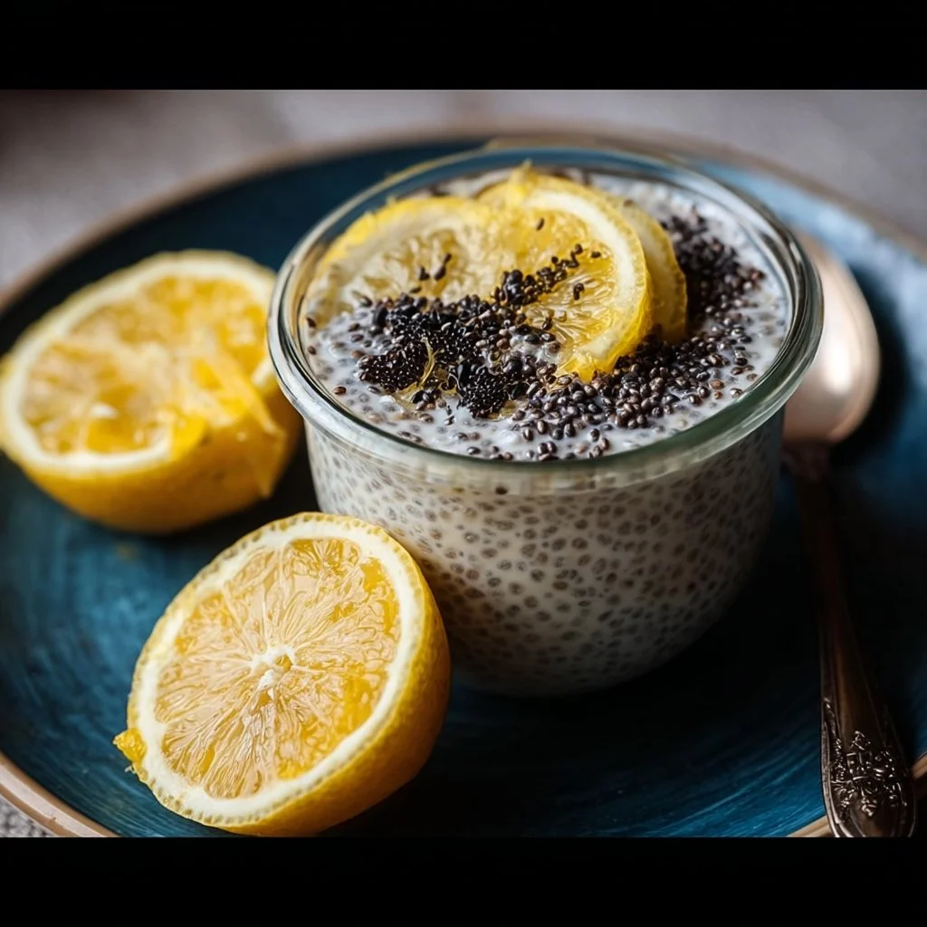 Bowl of overnight lemon cream chia pudding garnished with lemon zest