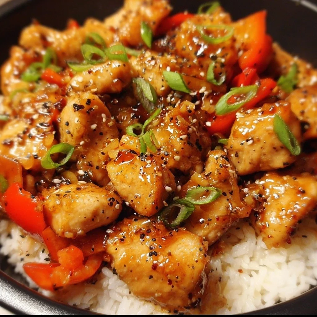 Delicious Panda Express Black Pepper Chicken dish with colorful vegetables.