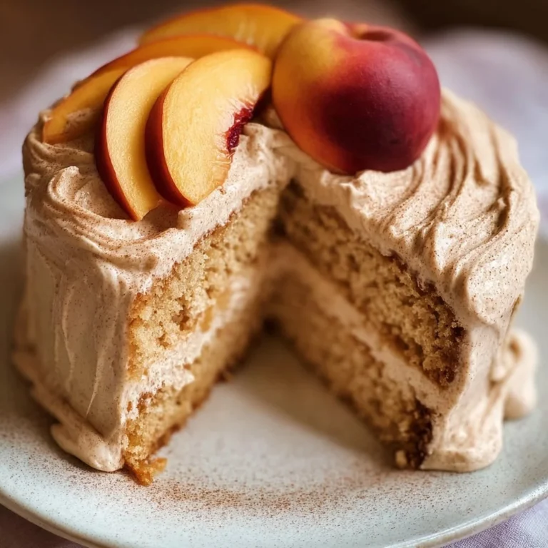 Peach Cake topped with rich brown sugar frosting on a rustic wooden table.