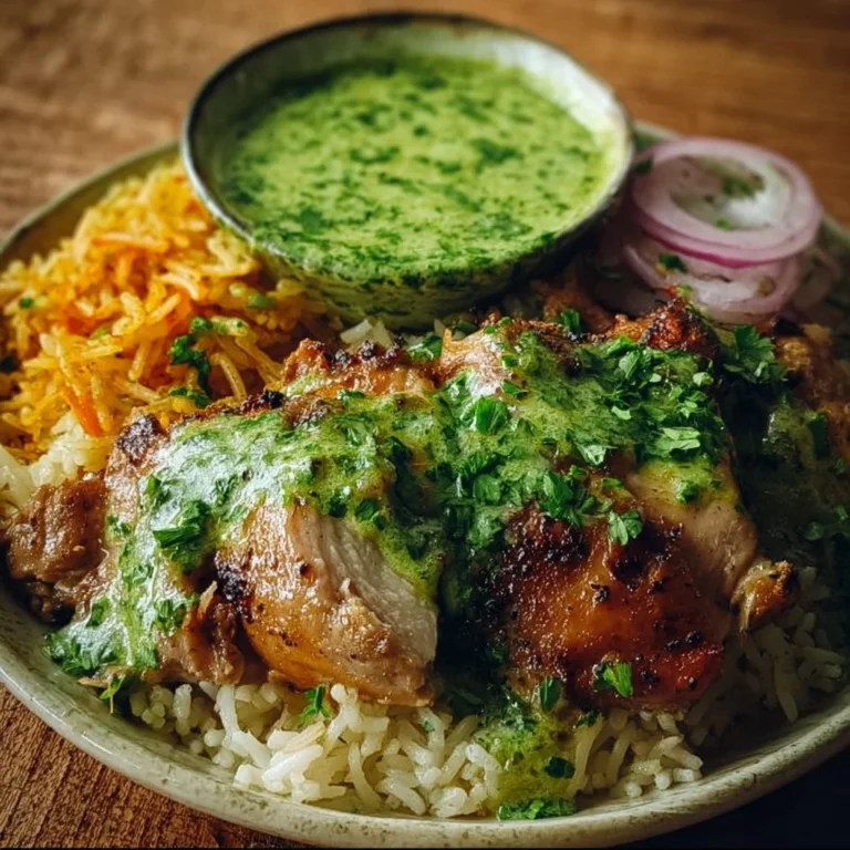 Plate of Peruvian chicken served with rice and green sauce