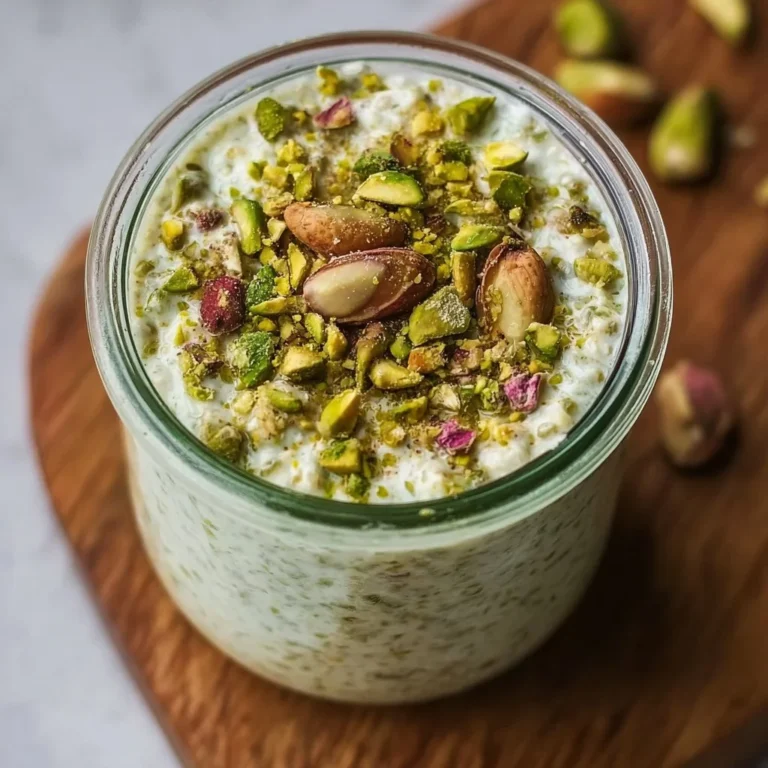Bowl of creamy pistachio overnight oats topped with nuts and fruits