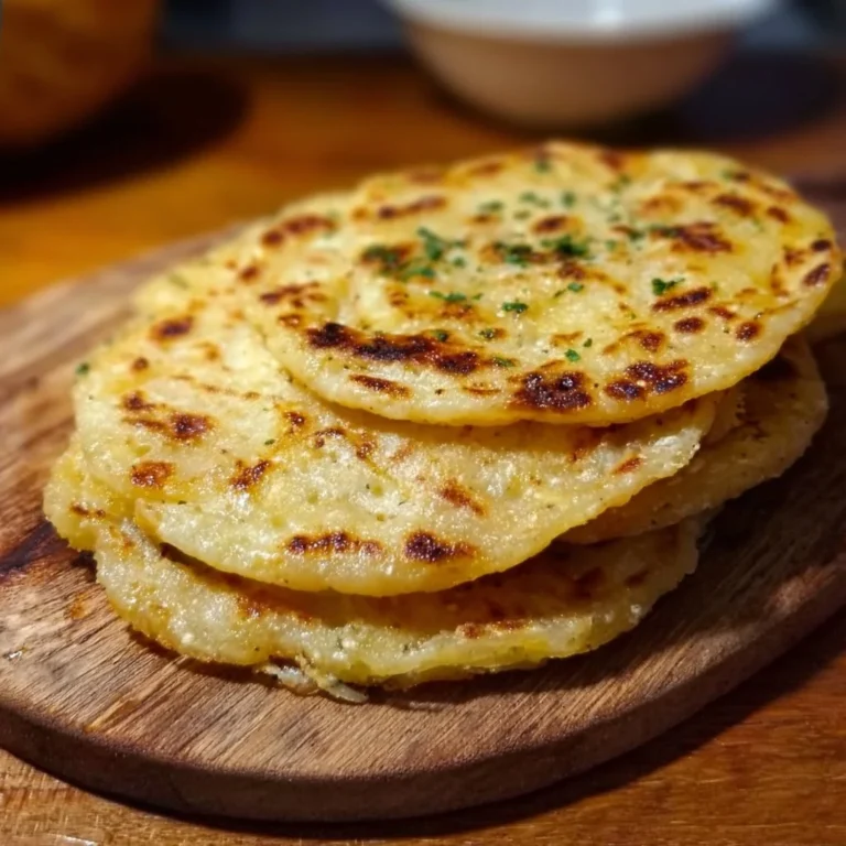 Freshly made Potato Flatbread served on a wooden board.