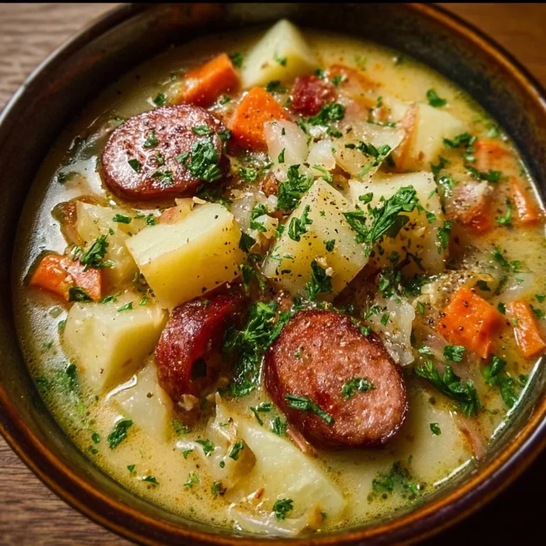 A bowl of creamy Potato Kielbasa Soup topped with parsley.