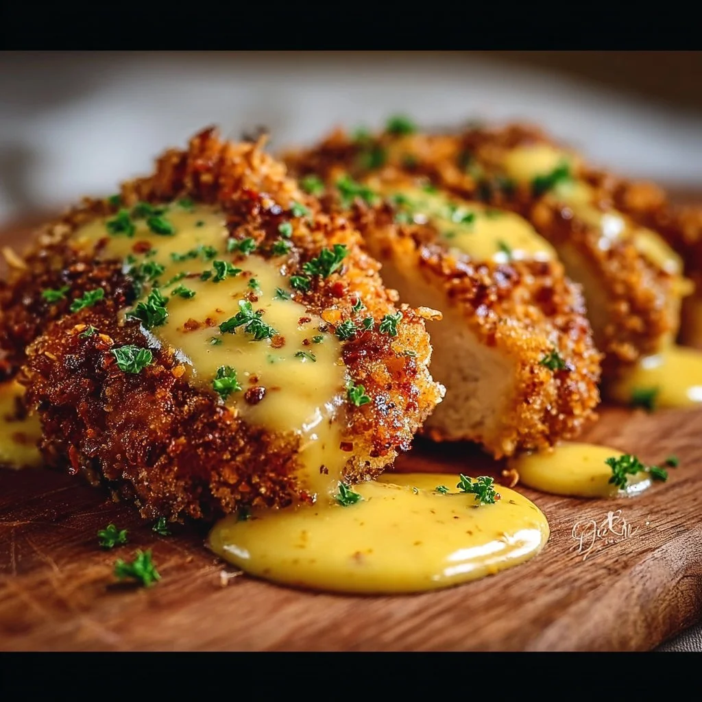 Pretzel crusted chicken with cheddar mustard sauce served on a plate