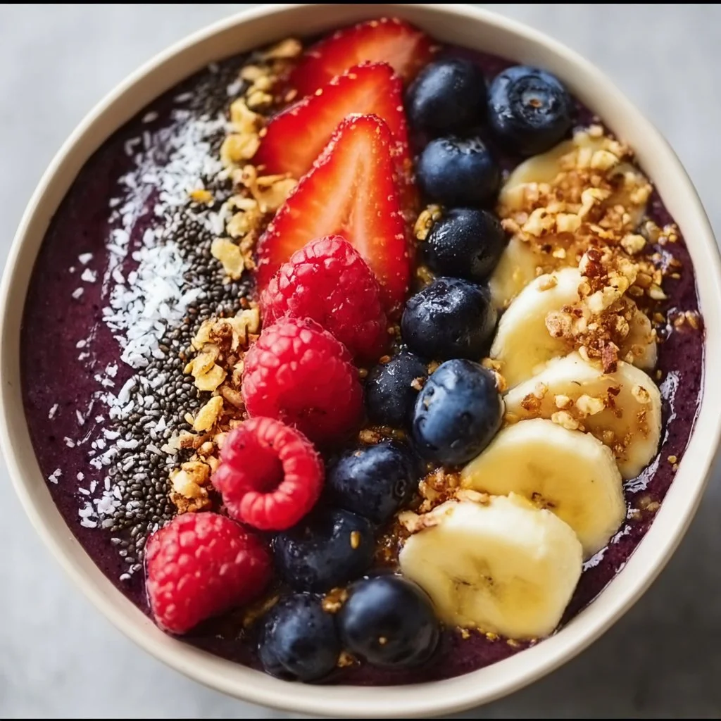 A colorful Protein Acai Bowl topped with fresh fruits, nuts, and seeds.