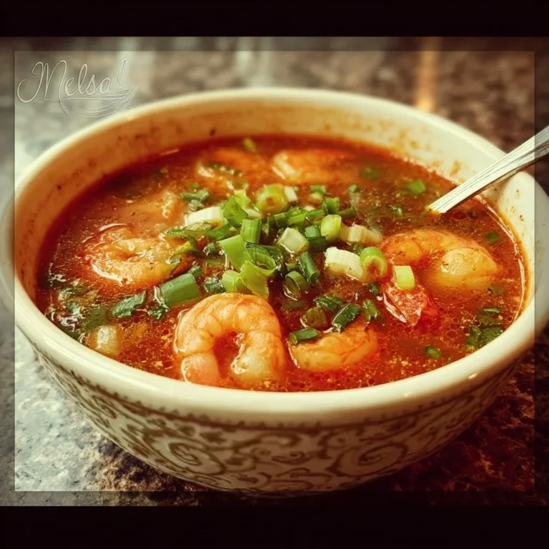 Quick and spicy shrimp soup garnished with herbs in a bowl
