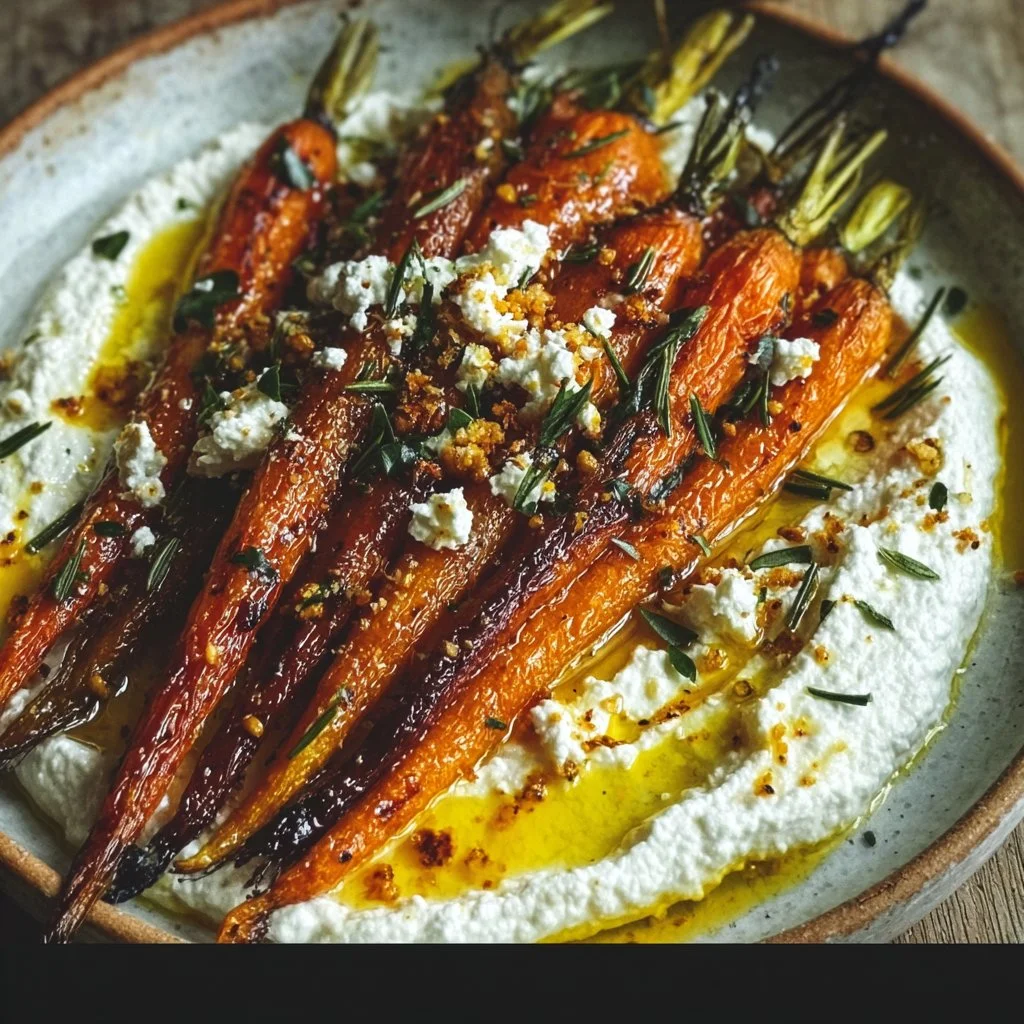 Plate of roasted carrots topped with whipped ricotta and drizzled with hot honey