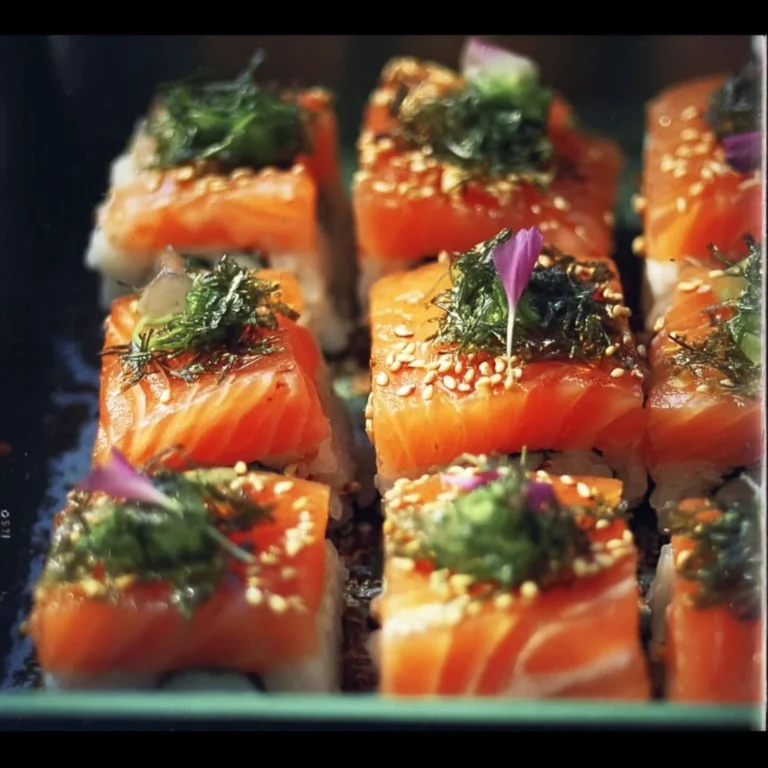 Baked salmon sushi dish with rice, avocado, and toppings