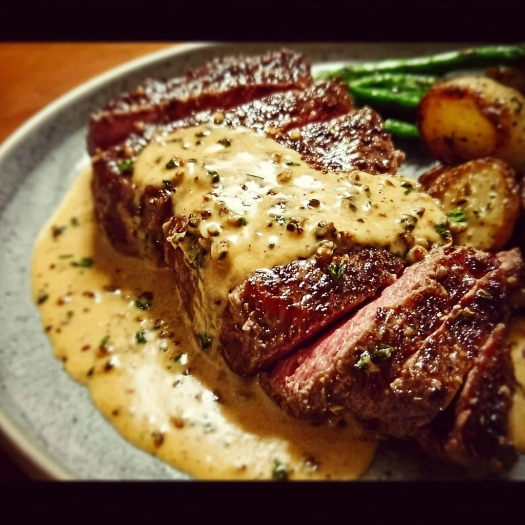 Sirloin steak topped with mustard shallot cream sauce on a plate