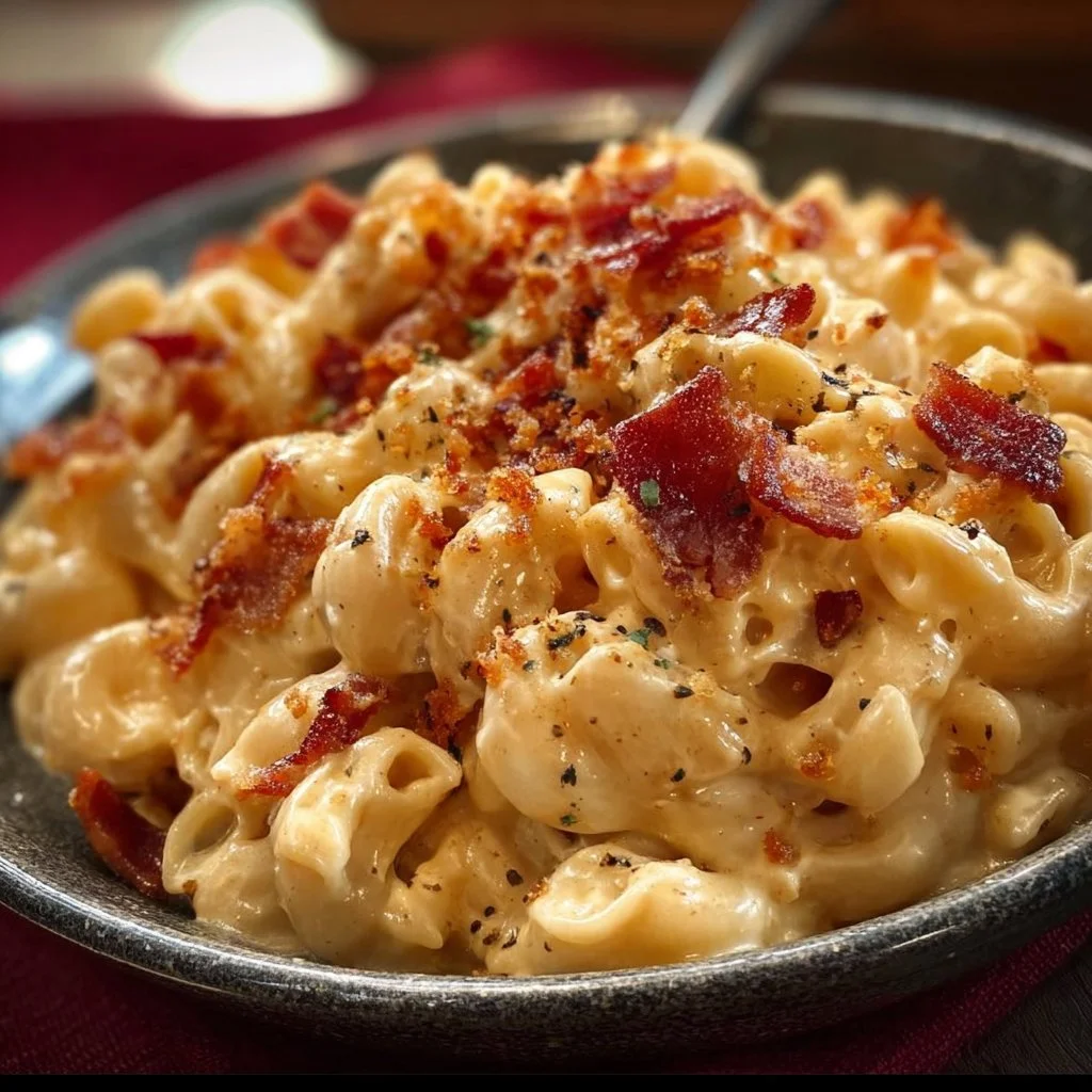 Delicious smoky bacon mac and cheese topped with crispy bacon and melted cheese.