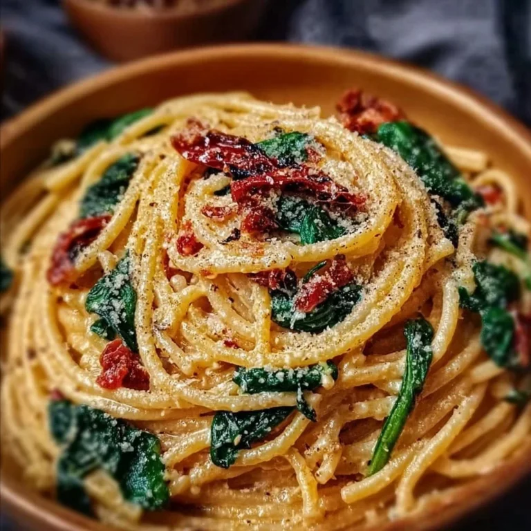 Spaghetti with spinach and sun-dried tomato cream sauce in a bowl