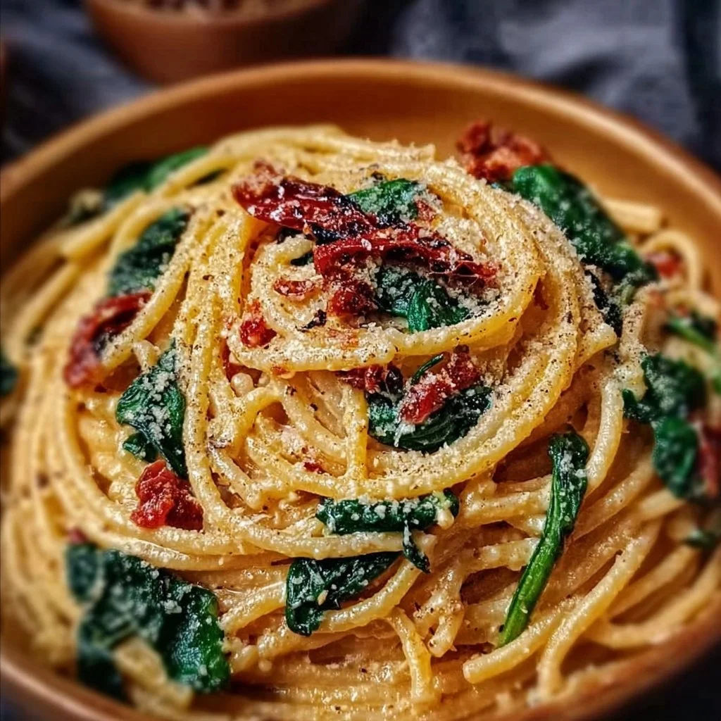 Spaghetti with spinach and sun-dried tomato cream sauce in a bowl
