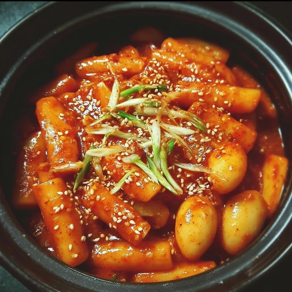 Delicious Spicy Tteokbokki served in a bowl with toppings