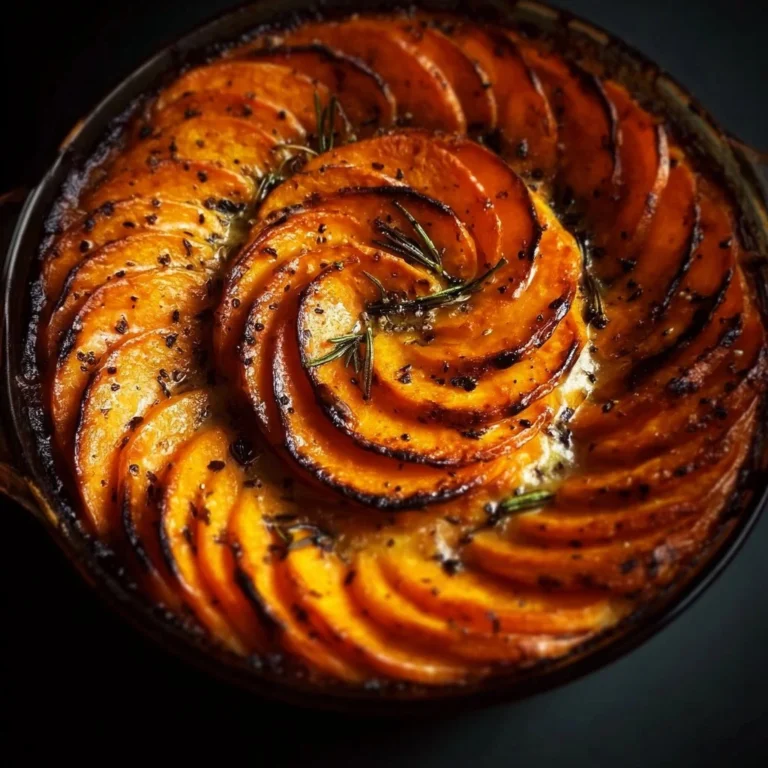 Spiral Sweet Potato Bake garnished with herbs and spices, showcasing vibrant colors