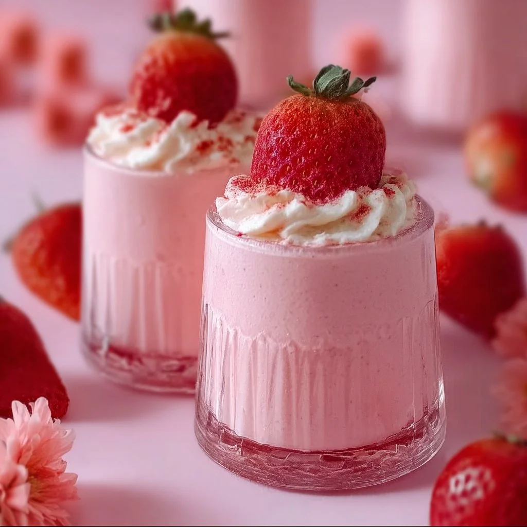 Delicious strawberry mousse dessert in a glass, topped with fresh strawberries