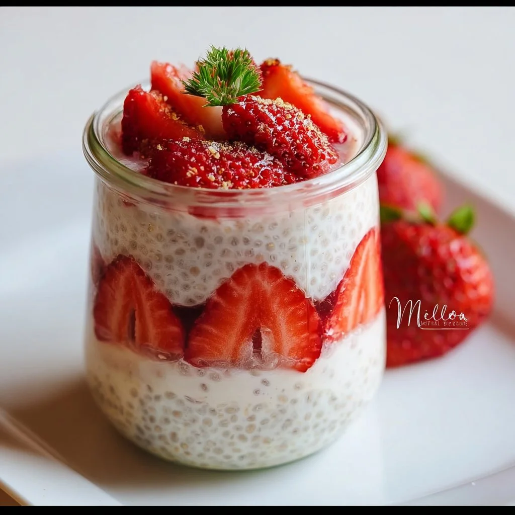 Chia pudding topped with fresh strawberries and whipped cream inspired by strawberry shortcake