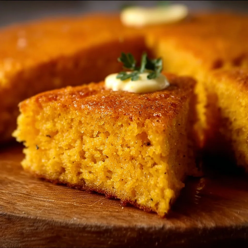 Delicious sweet potato cornbread served on a rustic wooden table.