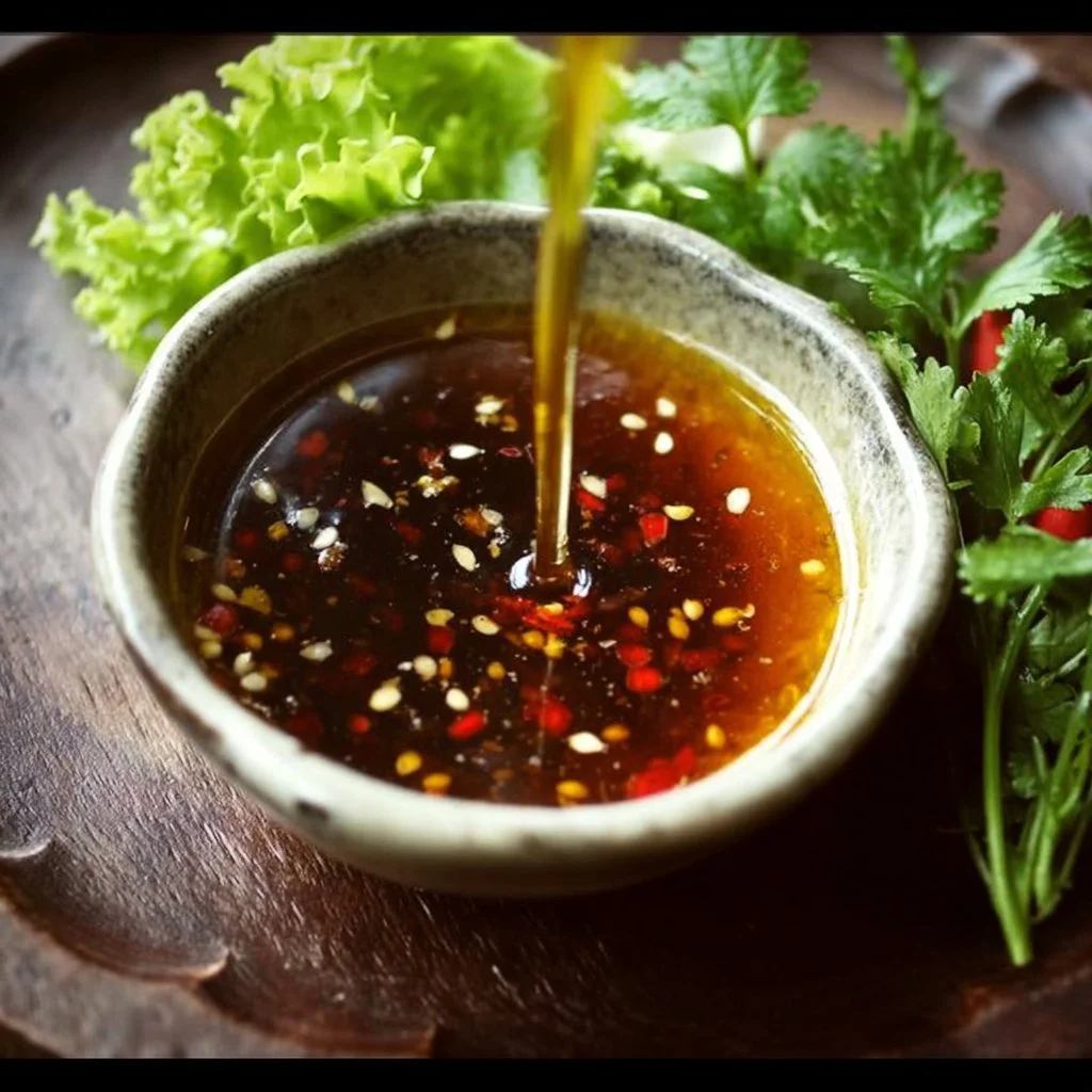 Delicious homemade Thai salad dressing in a bowl with fresh ingredients.