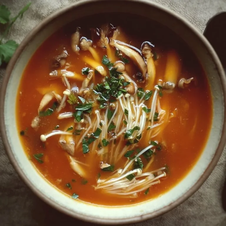 A steaming bowl of Tomato Enoki Mushroom Soup garnished with fresh herbs.