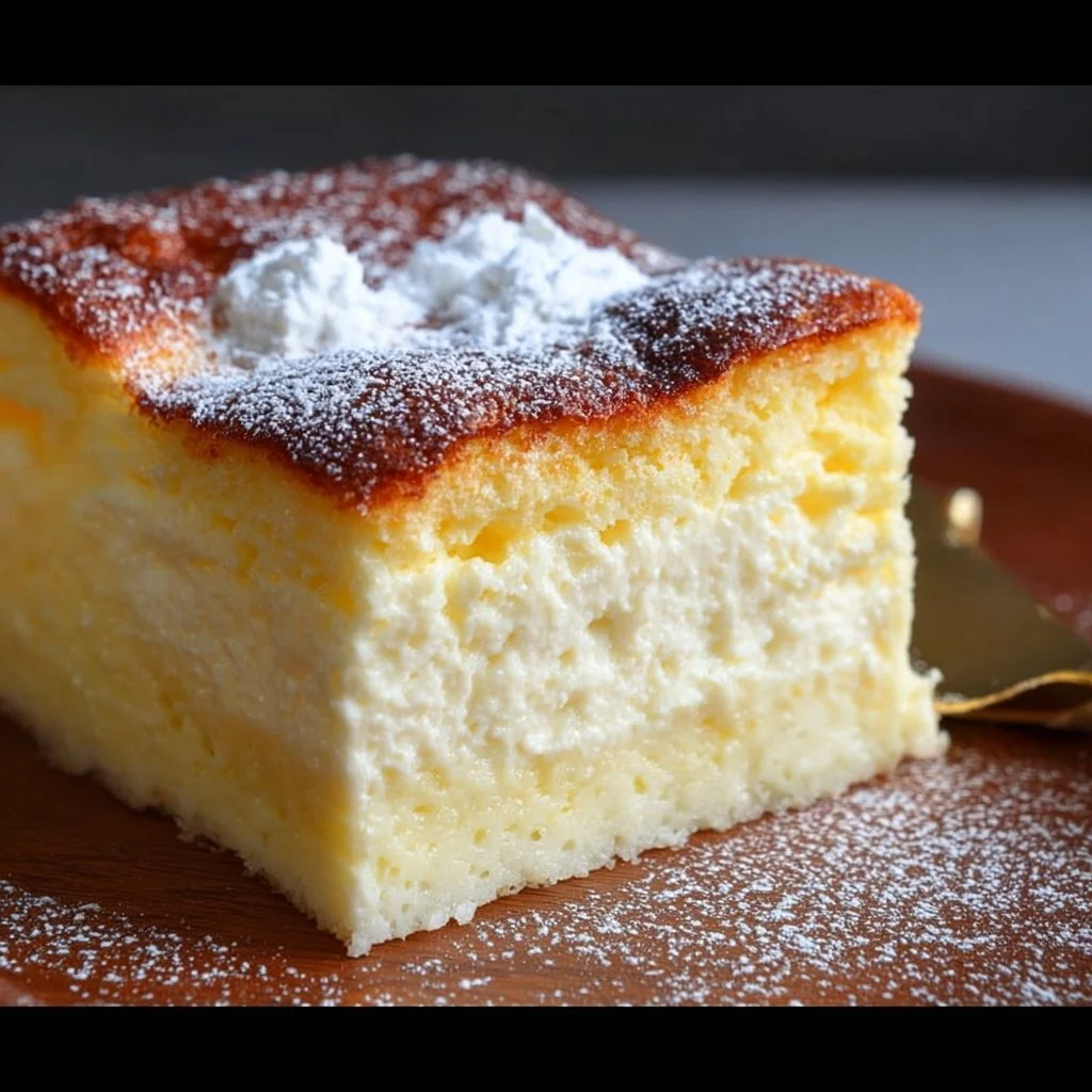 Delicious slice of Vanilla Magic Custard Cake with creamy layers