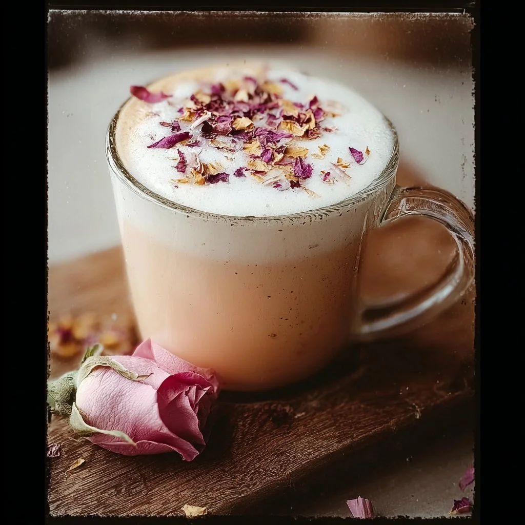 A creamy Vanilla Rose Tea Latte topped with rose petals and vanilla flavor.