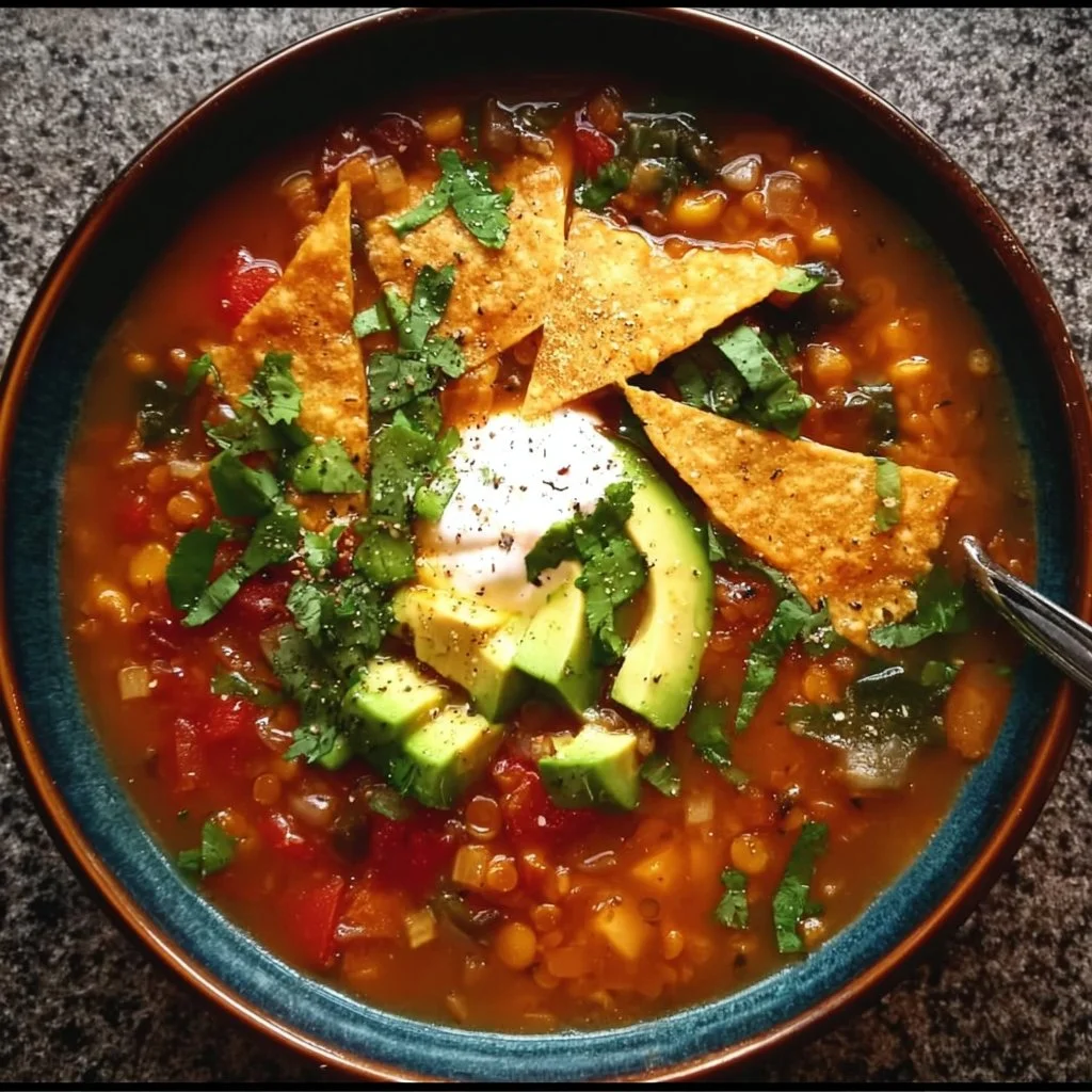 Bowl of Vegan Lentil Tortilla Soup topped with fresh herbs and avocado.