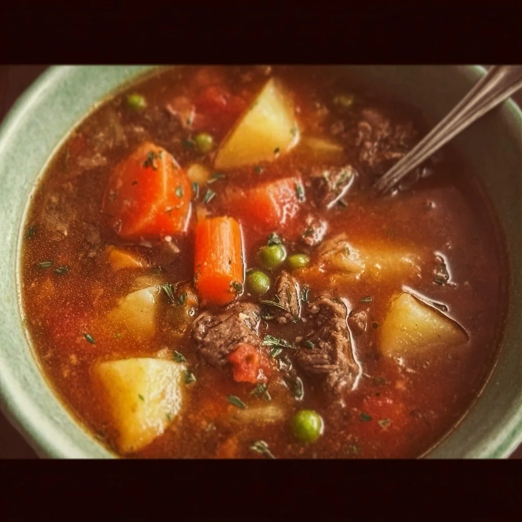Bowl of vegetable beef soup with fresh vegetables and tender beef