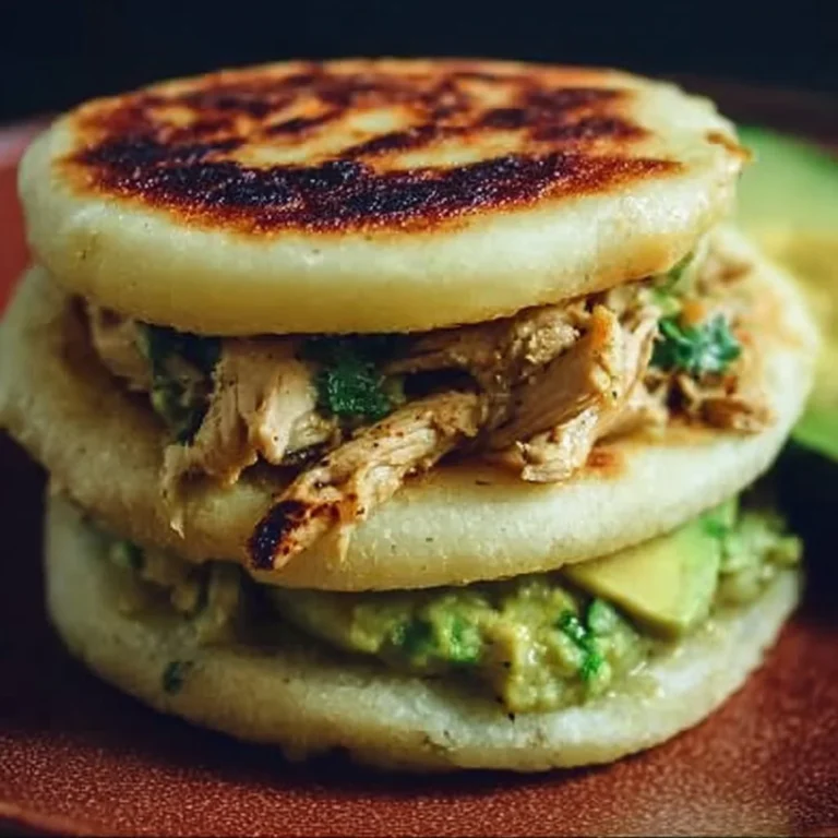 Venezuelan Arepas filled with chicken and avocado on a rustic table