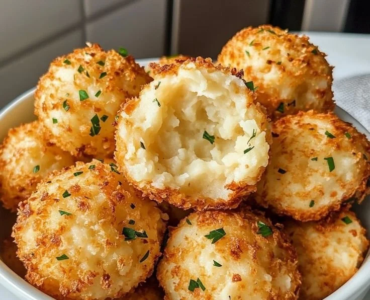 Air Fryer Cheesy Mashed Potato Balls with melting cheese and crispy exterior.