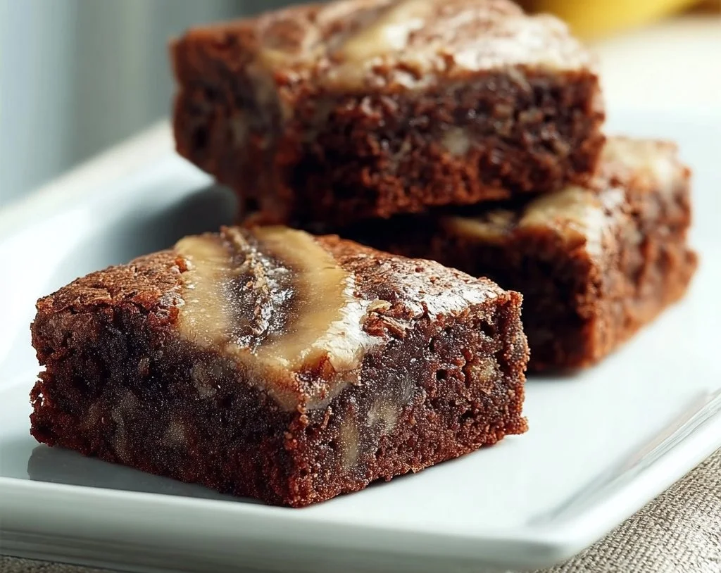 Delicious homemade banana bread brownies sliced on a plate