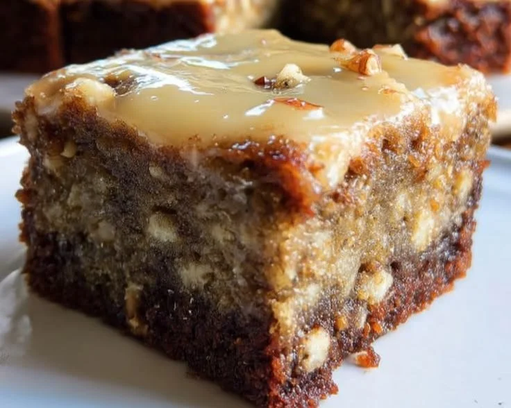 Delicious banana bread brownies on a wooden platter