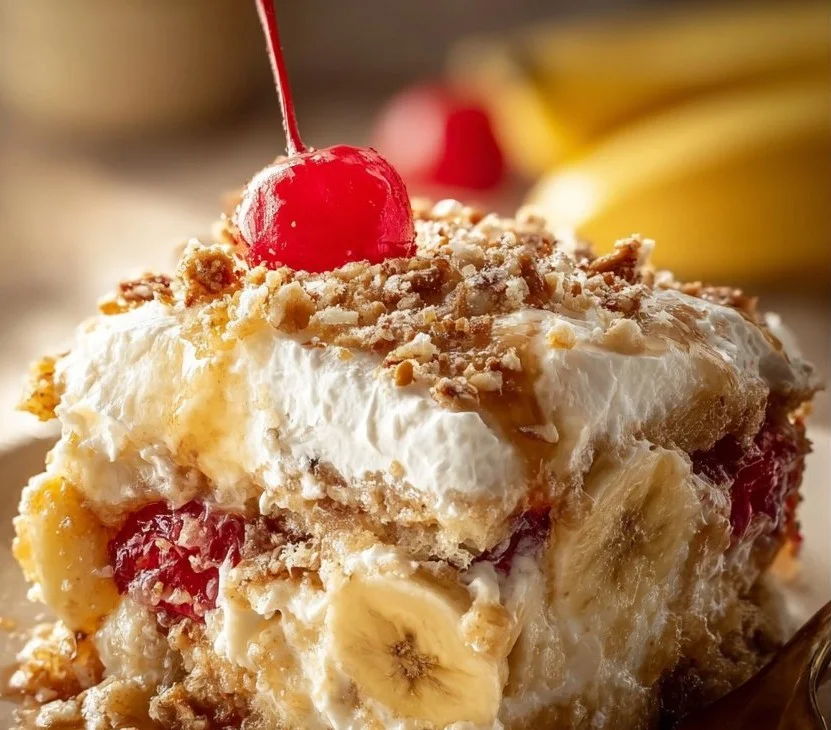 Delicious Banana Split Dump Cake topped with banana slices, cherries, and whipped cream