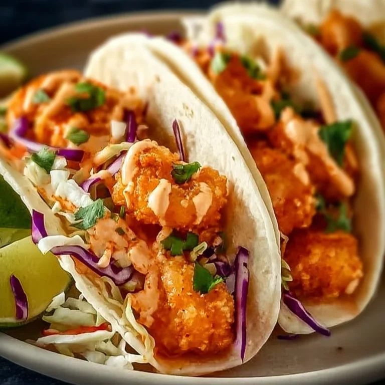 Delicious Bang Bang Shrimp Tacos with crispy shrimp and zesty sauce.