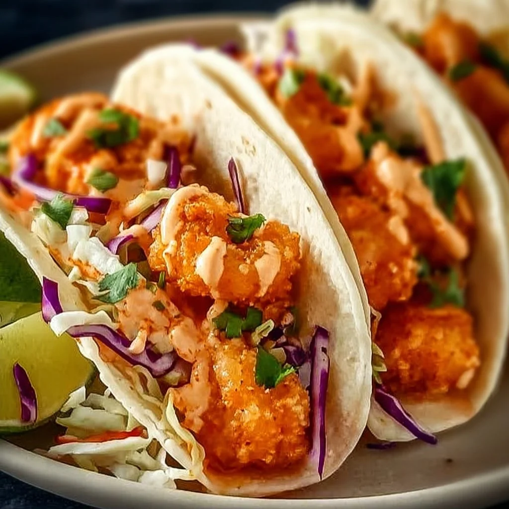 Delicious Bang Bang Shrimp Tacos with crispy shrimp and zesty sauce.