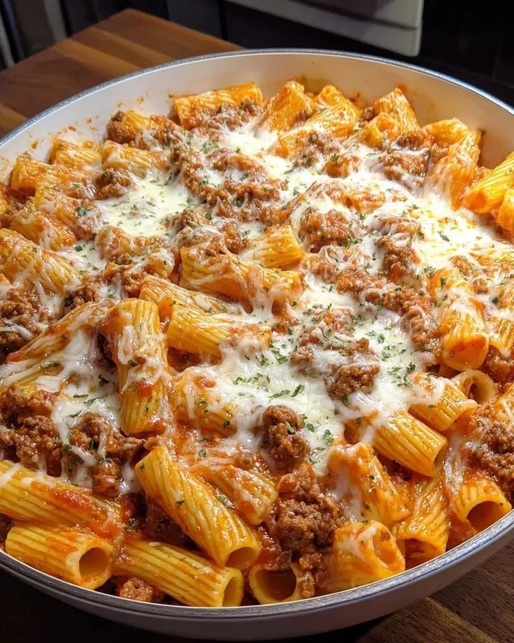 Beef Rigatoni Cheese Bake topped with melted cheese in a baking dish.