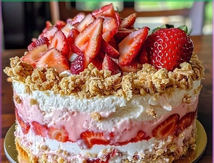 Berrylicious Strawberry Crunch Cheesecake topped with fresh strawberries and crunchy bits.
