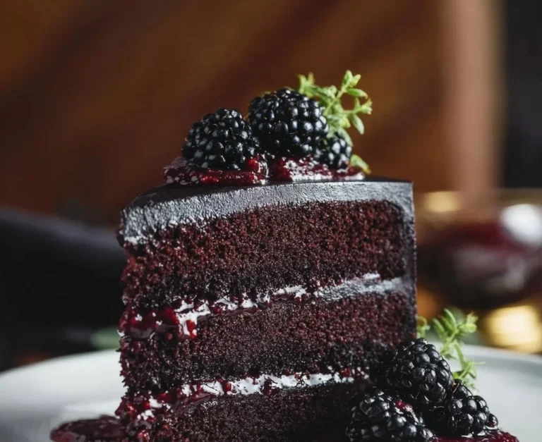 Sliced black velvet cake with blackberry compote on a white plate