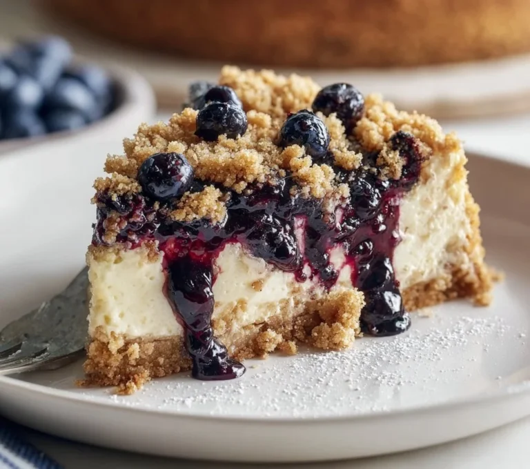 Delicious Blueberry Crumble Cheesecake topped with fresh blueberries.