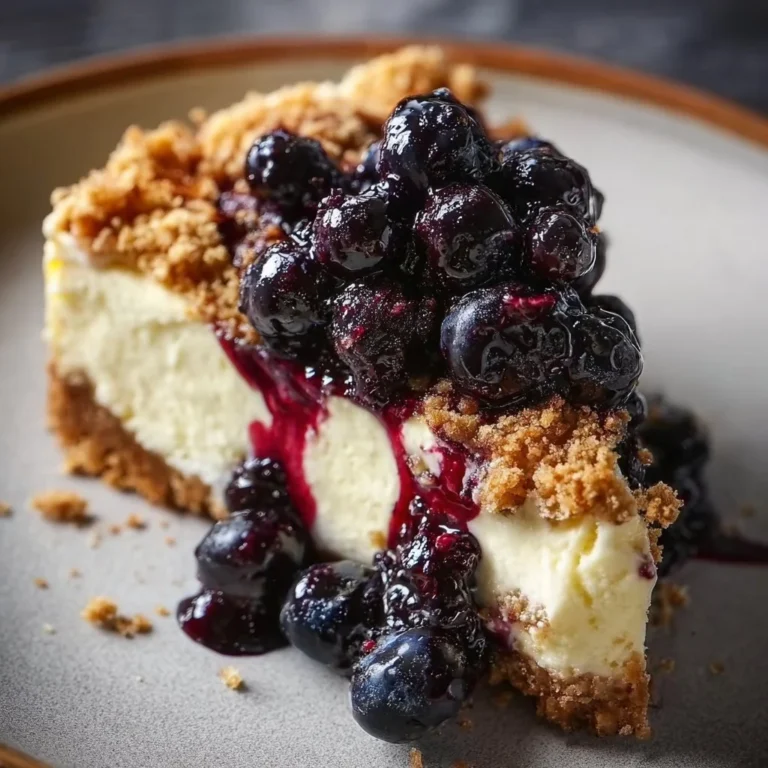 Delicious blueberry crumble cheesecake on a white plate
