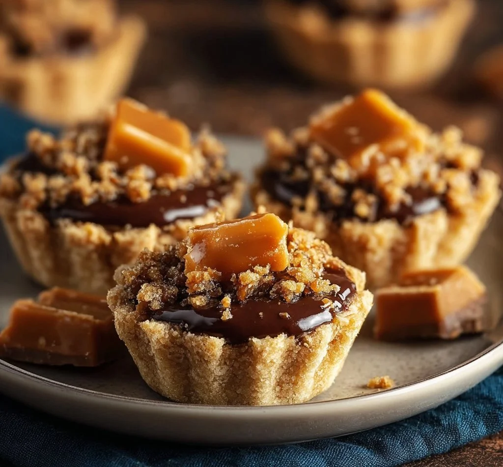 Delicious Butterfinger Caramel Crunch Mini Pies dessert served on a plate