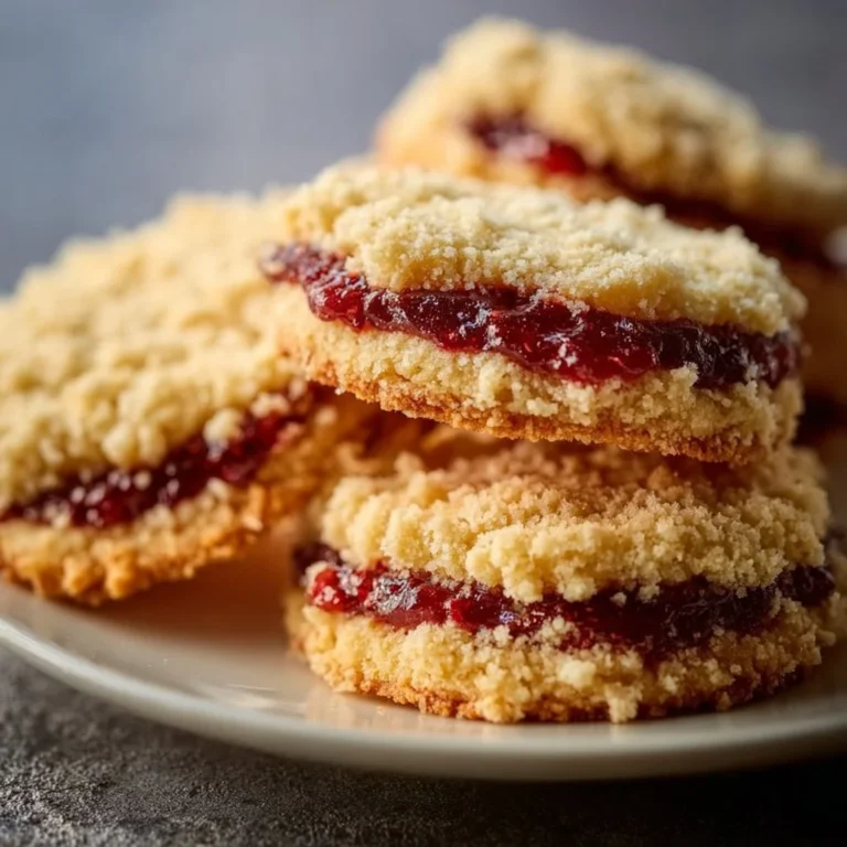 Buttery raspberry crumble cookies filled with sweet jam on a wooden table