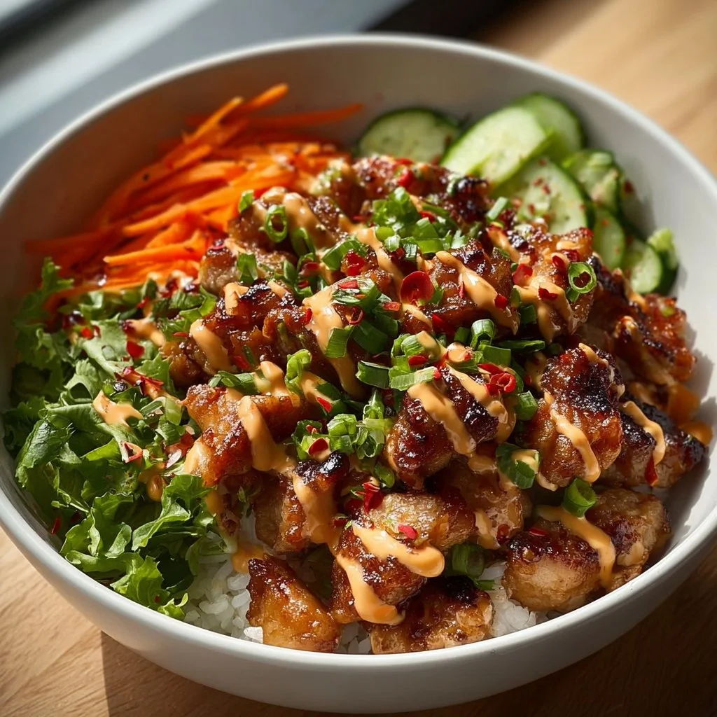 California Bang Bang Chicken Bowl with tender chicken and spicy sauce