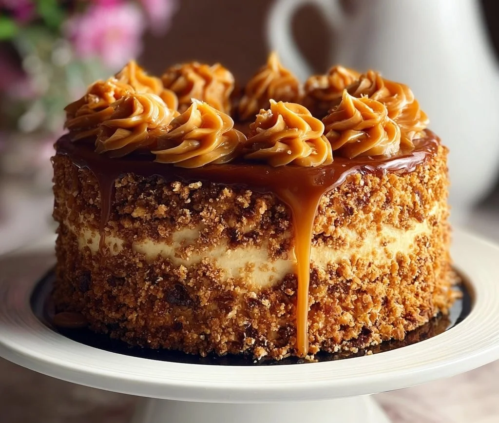 Delicious Caramel Toffee Crunch Cake with caramel drizzle and toffee bits