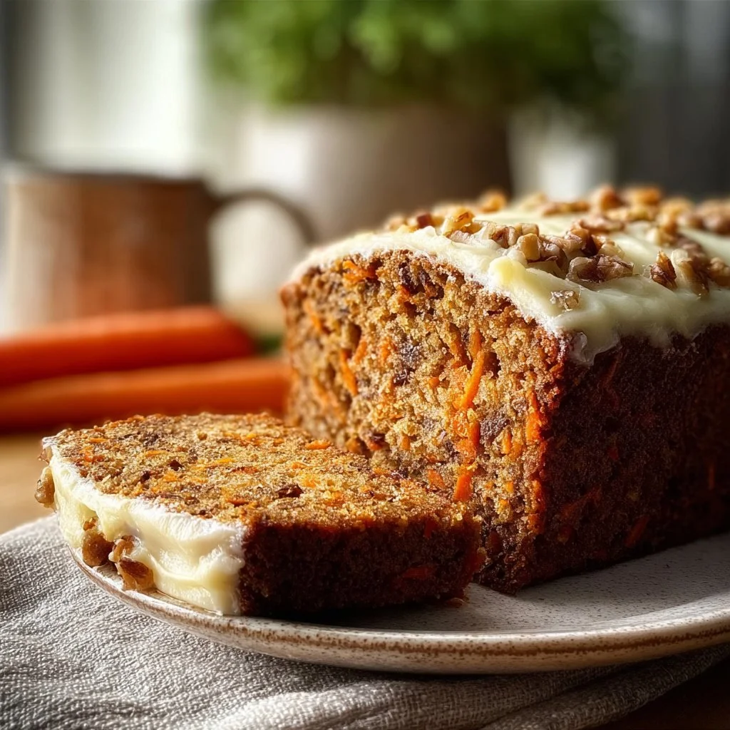 Delicious homemade carrot cake loaf on a rustic wooden table