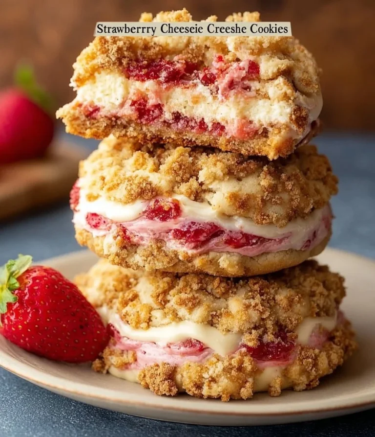 Cheesecake stuffed cookies with strawberry crunch topping