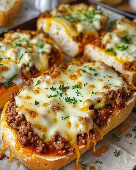 Cheesy Garlic Bread Sloppy Joes served on a plate with a side of pickles