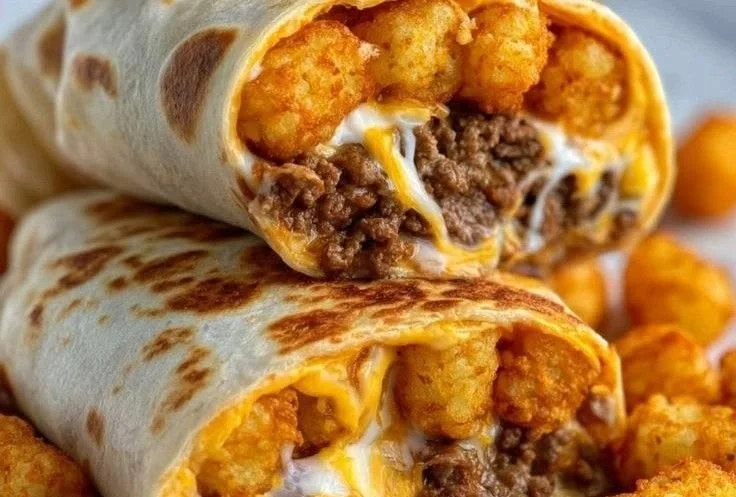 Cheesy potato burritos topped with crispy tater tots for a hearty meal