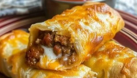 Cheesy taco sticks served on a plate, garnished with salsa and cheese.